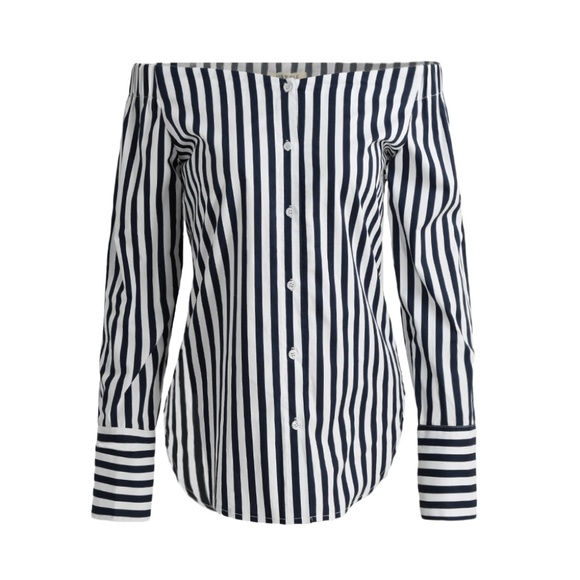 Striped Off The Shoulder Long Sleeve Blouse - Picture 4 of 5